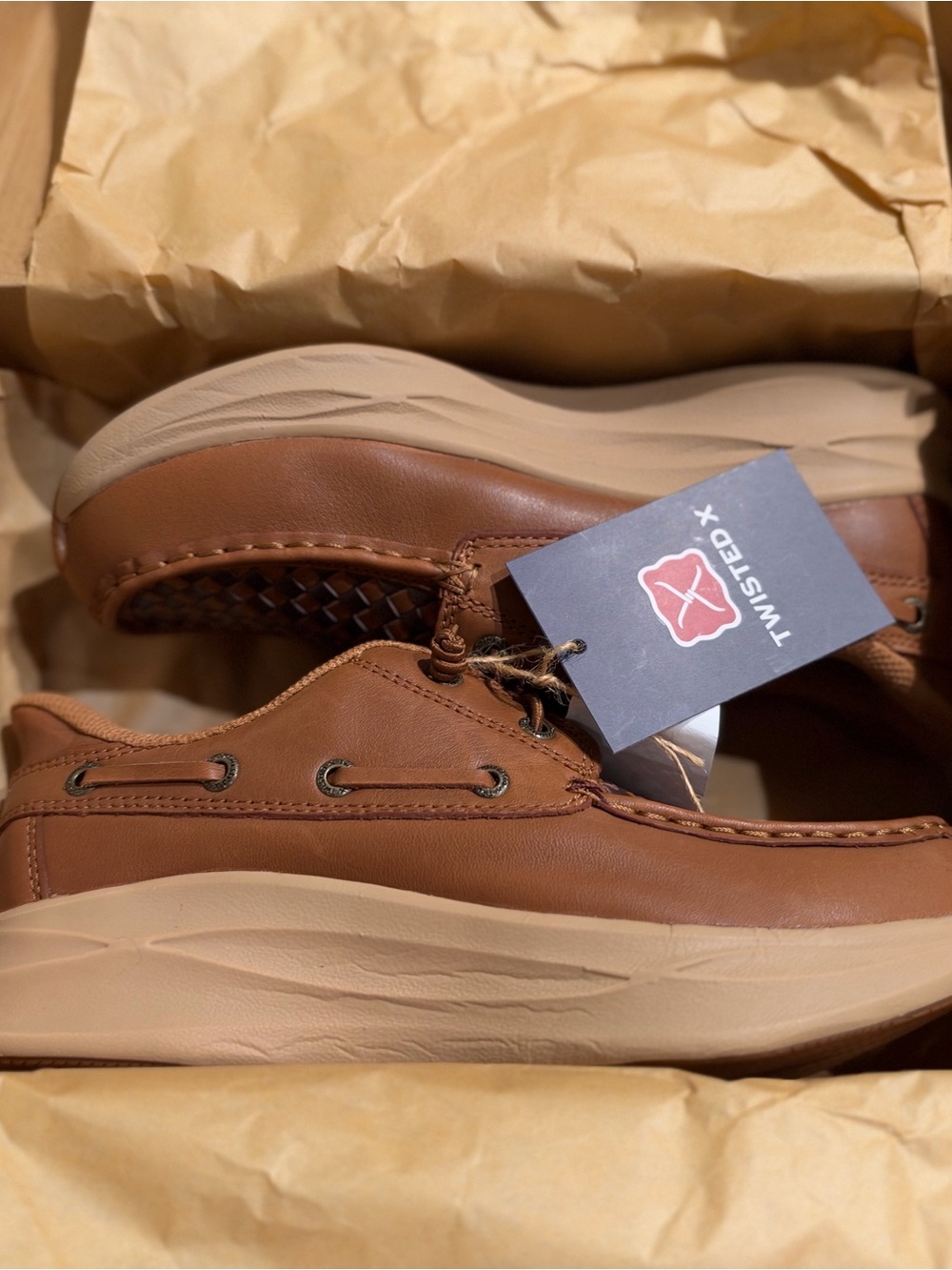 Twisted X women’s Brown Leather Boat Shoes with Tan Sole